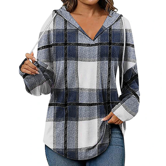 Women's Plaid Hooded V-Neck Top