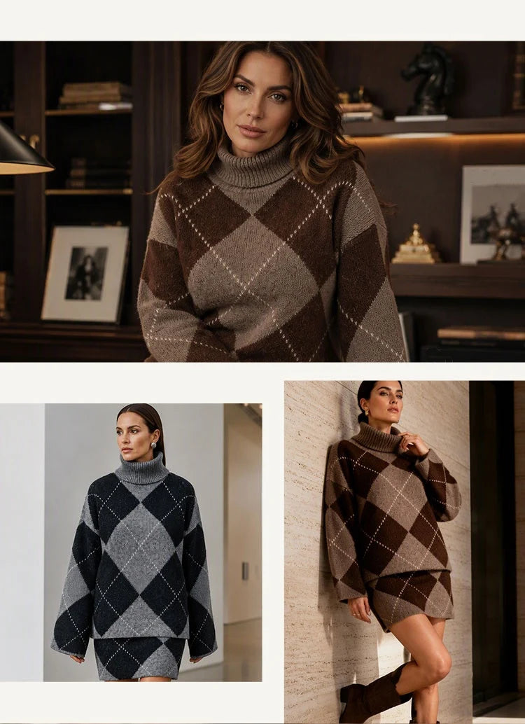 Women's Argyle Turtleneck Top and Skirt Set