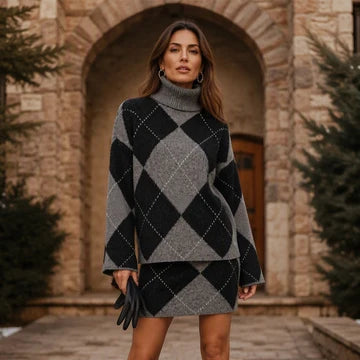 Women's Argyle Turtleneck Top and Skirt Set