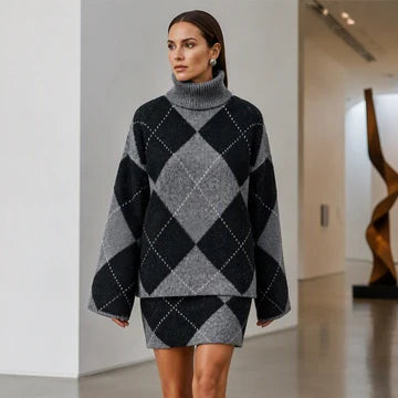 Women's Argyle Turtleneck Top and Skirt Set