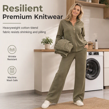 Women's Zip-Up Jacket and Wide-Leg Pants 2-Piece Set