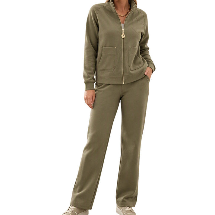Women's Zip-Up Jacket and Wide-Leg Pants 2-Piece Set