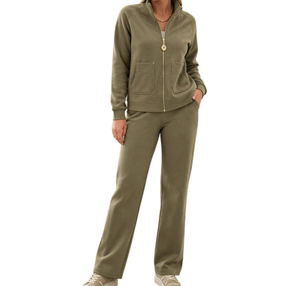 Women's Zip-Up Jacket and Wide-Leg Pants 2-Piece Set