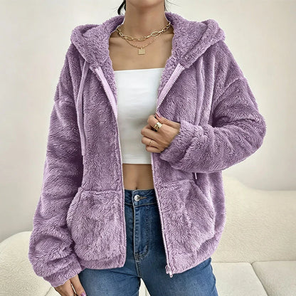 Women's Fuzzy Hooded Zip-Front Jacket