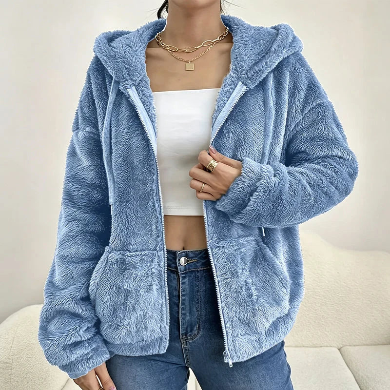 Women's Fuzzy Hooded Zip-Front Jacket