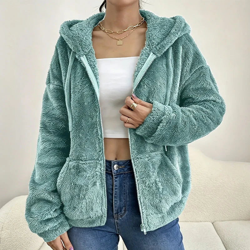 Women's Fuzzy Hooded Zip-Front Jacket
