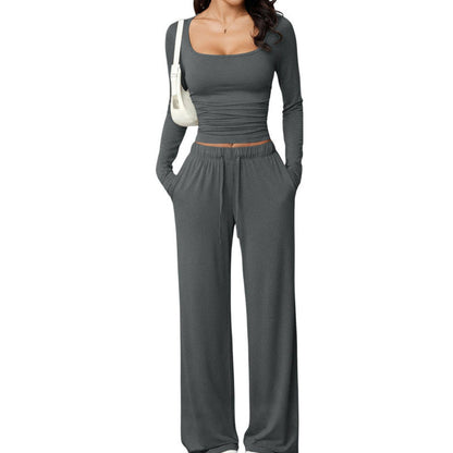 Women's Square-Neck Top and Wide-Leg Pants Set