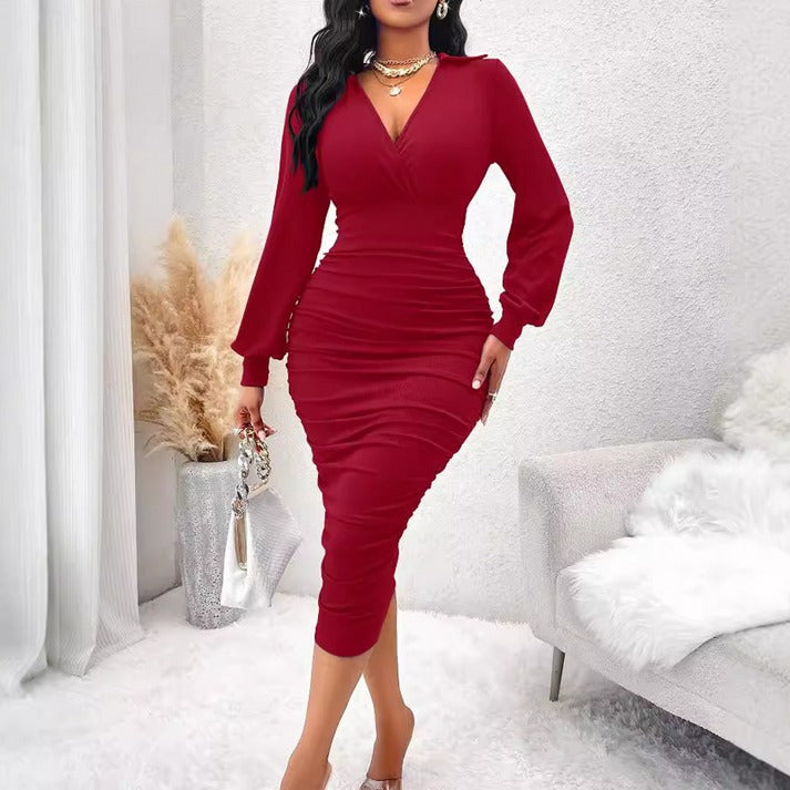 Women's Ruched V-Neck Fitted Dress