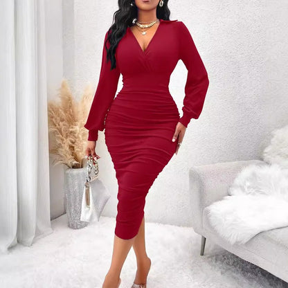 Women's Ruched V-Neck Fitted Dress