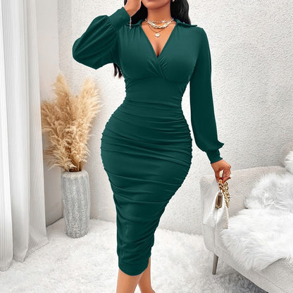 Women's Ruched V-Neck Fitted Dress