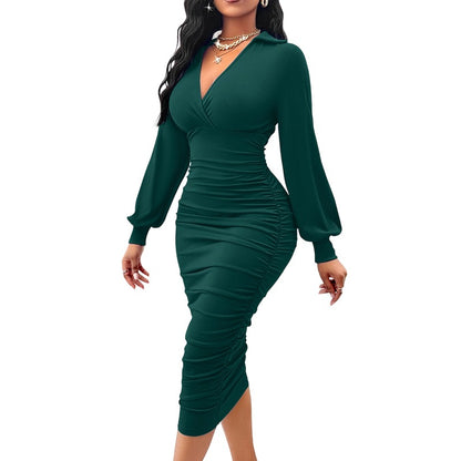 Women's Ruched V-Neck Fitted Dress