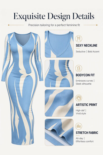 Women's Printed V-Neck Bodycon Dress