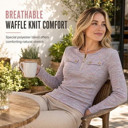 Women's Textured V-Neck Half-Zip Top