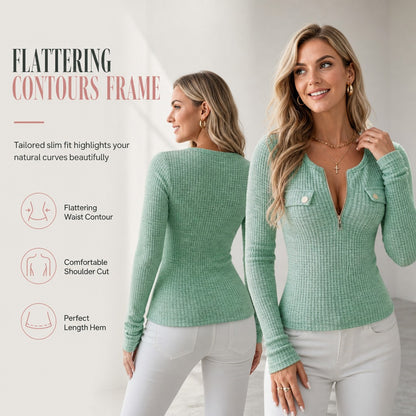 Women's Textured V-Neck Half-Zip Top