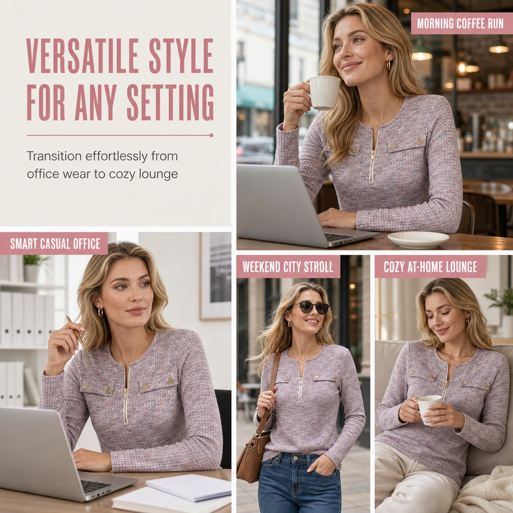Women's Textured V-Neck Half-Zip Top