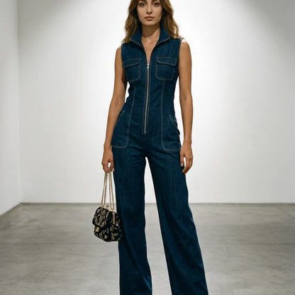Women's Sleeveless Zip Front Denim Jumpsuit