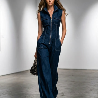 Women's Sleeveless Zip Front Denim Jumpsuit