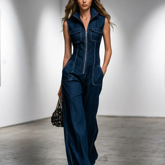 Women's Sleeveless Zip Front Denim Jumpsuit