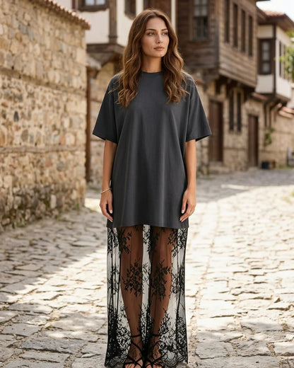 Women's Floral Lace Hem T-Shirt Dress