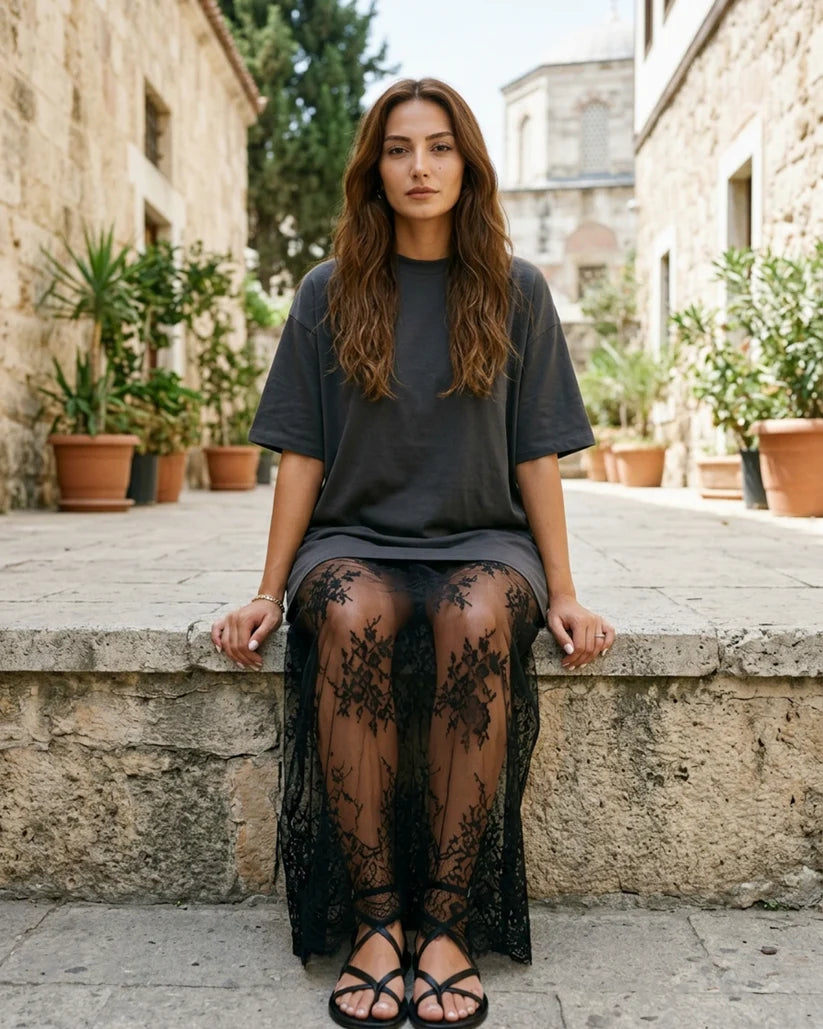 Women's Floral Lace Hem T-Shirt Dress