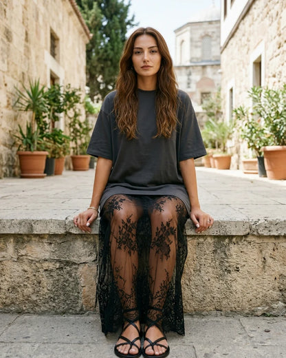 Women's Floral Lace Hem T-Shirt Dress