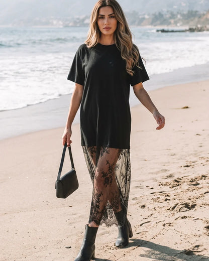 Women's Floral Lace Hem T-Shirt Dress