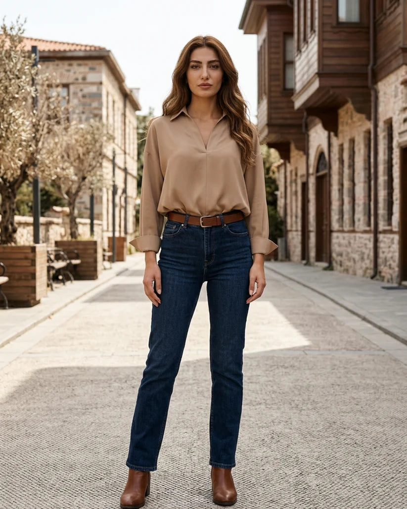 Women's Long Sleeve Collared Bodysuit Blouse