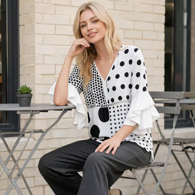 Women's Mixed Polka Dot V-Neck Blouse