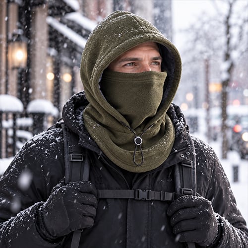 Hooded Face Covering with Drawcord