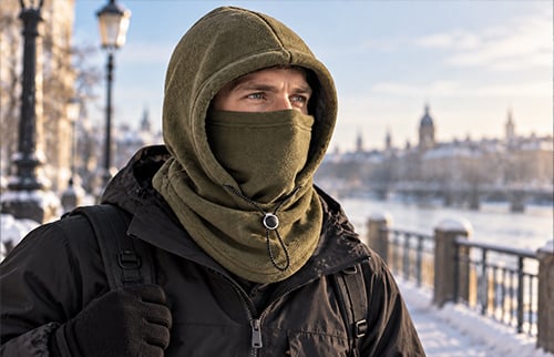 Hooded Face Covering with Drawcord