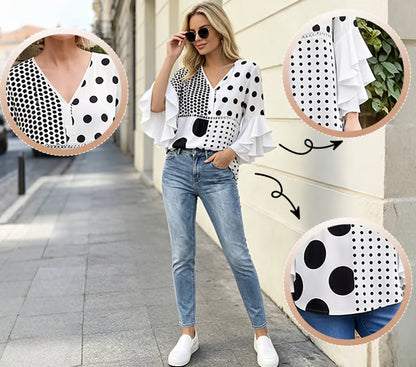 Women's Mixed Polka Dot V-Neck Blouse