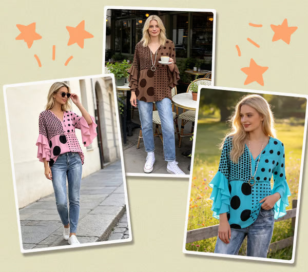 Women's Mixed Polka Dot V-Neck Blouse