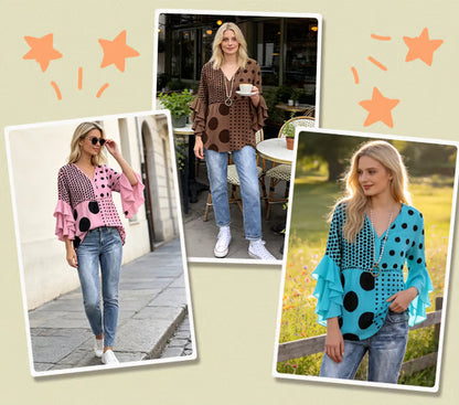 Women's Mixed Polka Dot V-Neck Blouse