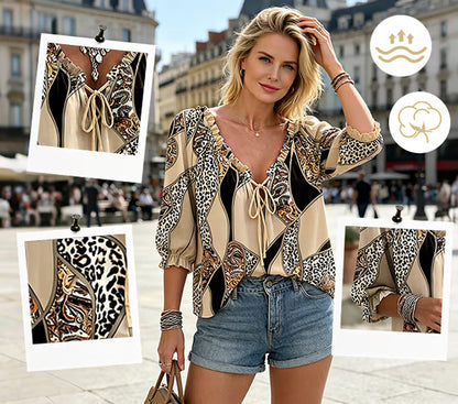 Women’s Leopard Lace-Up Puff Sleeve Blouse