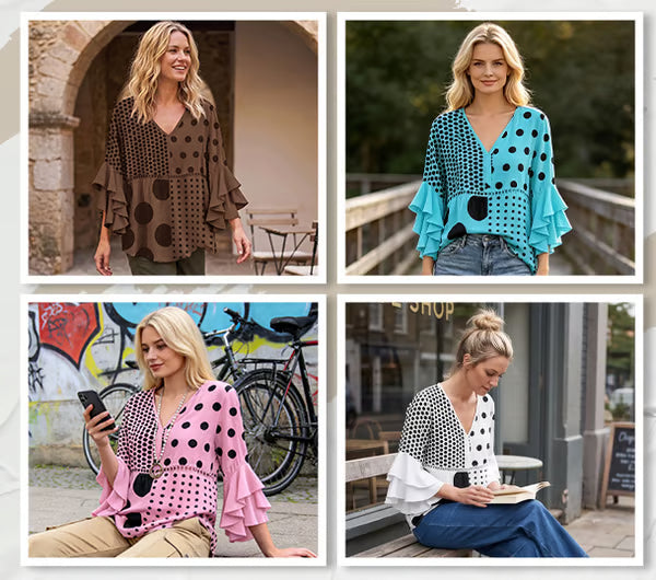 Women's Mixed Polka Dot V-Neck Blouse