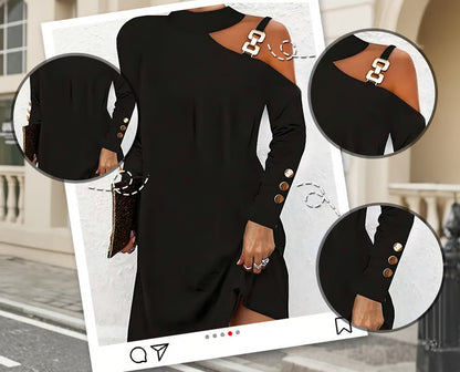 Women's Cold-Shoulder Long Sleeve Dress with Metallic Details