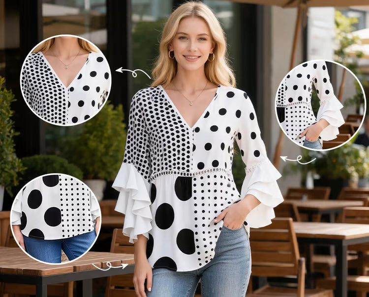 Women's Mixed Polka Dot V-Neck Blouse