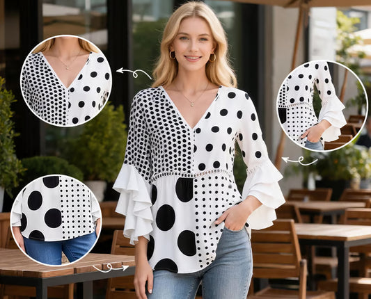 Women's Mixed Polka Dot V-Neck Blouse