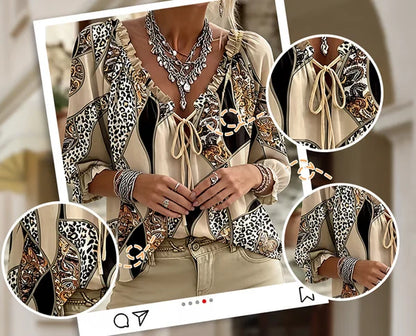 Women’s Leopard Lace-Up Puff Sleeve Blouse