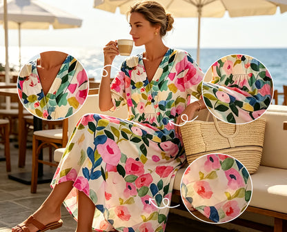 Women's Floral V-Neck Short Sleeve Dress