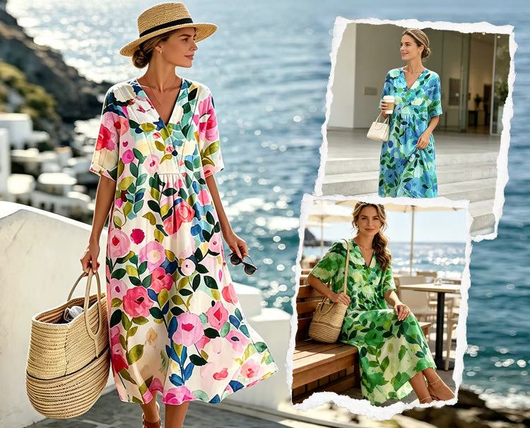 Women's Floral V-Neck Short Sleeve Dress